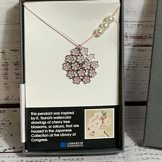 LIBRARY OF CONGRES Silver Tone Faux Pearl Cherry Blossom Pendant String Necklace