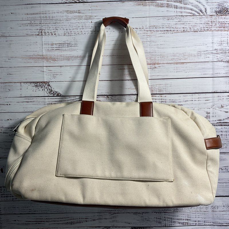AWAY Off White Canvas Brown Leather Trim Weekender Duffel Bag Carry On