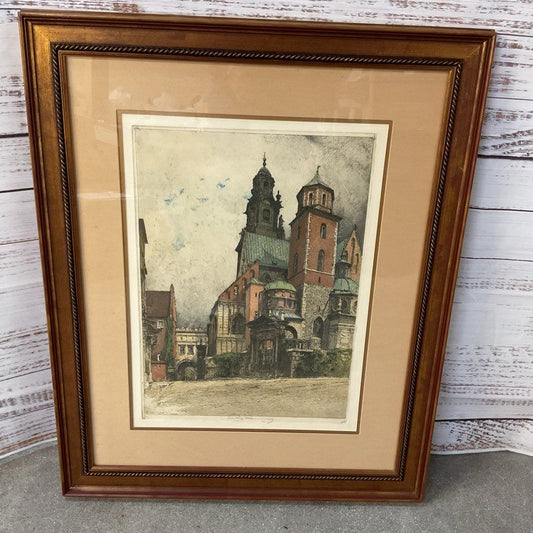 Pencil Signed LUIGI KASIMIR Street Scene Color Etching- FRAME 31" X 25.25"
