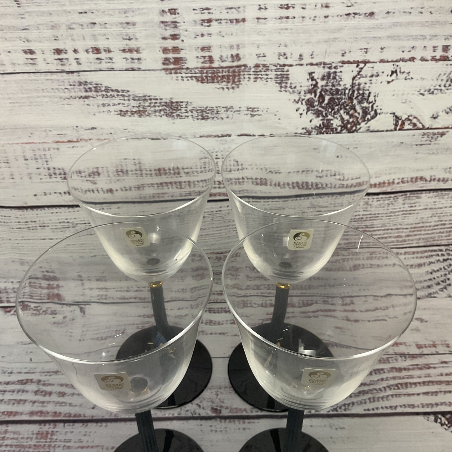 Sasaki Water/wine Glasses Black Stem Base Gold Accents Set Of 4 3/3
