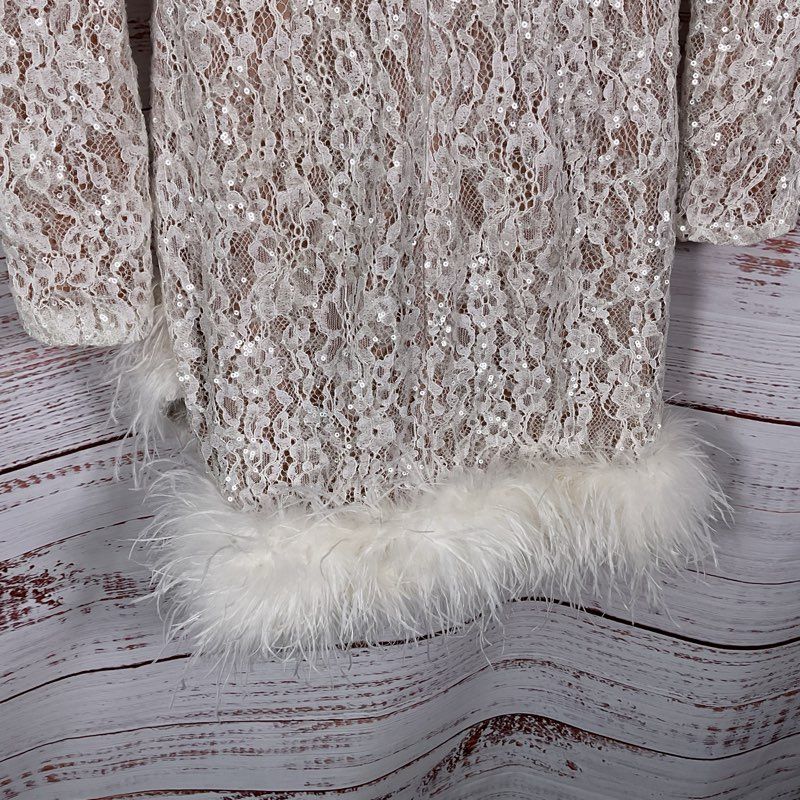 Nadine Merabi Carly White Sequin Feather Trim Long Sleeve Mini Dress - Size 4