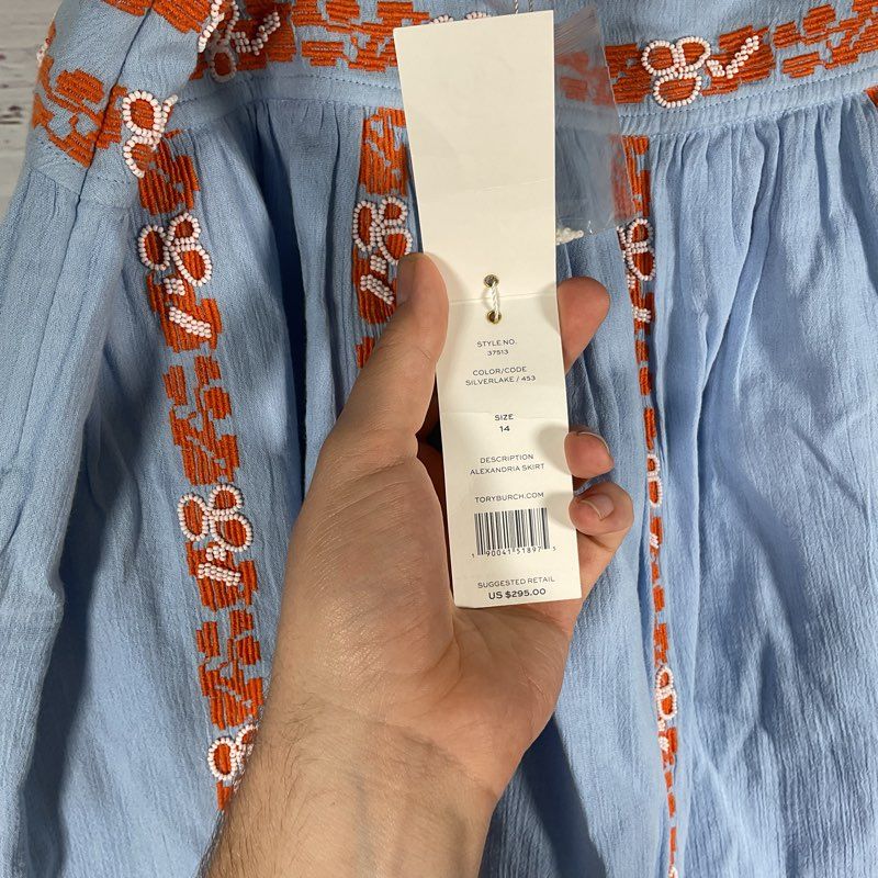 NWT Tory Burch Blue & Orange Beaded Silverlake Alexandria Mini Skirt - Size 14