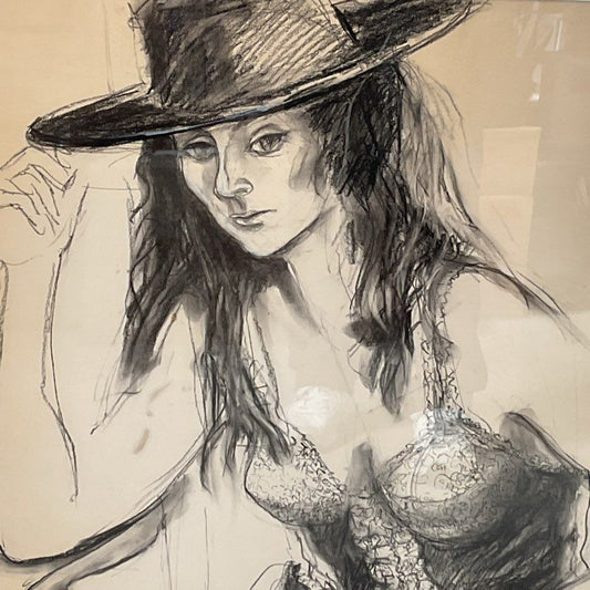 Signed VTG. RUTH ROSSMAN "Girl In Black Hat" Charcoal Drawing- FRAMED