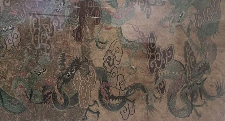 Large ANTIQUE Asian Japanese or Chinese Dragon Silk Tapestry Acrylic Frame- 127"