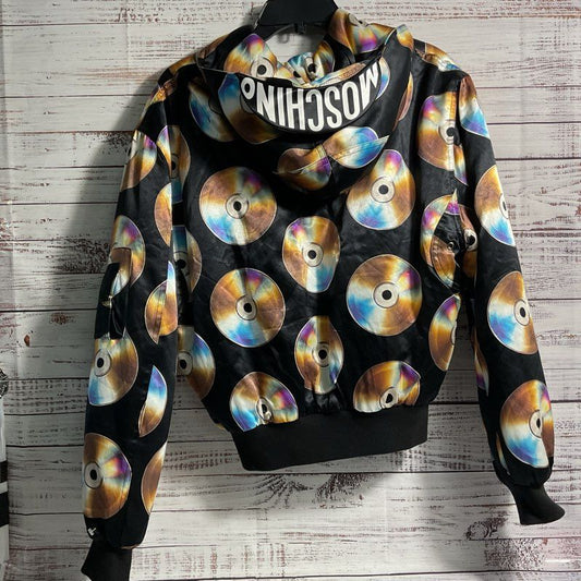 H&M Black CD All Over Print Hooded Bomber Jacket - Size XS