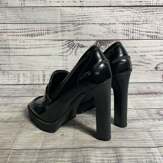 F24 Karl Lagerfeld Virna Black Patent Faux Leather/Brass Loafer Heel Women's 7.5