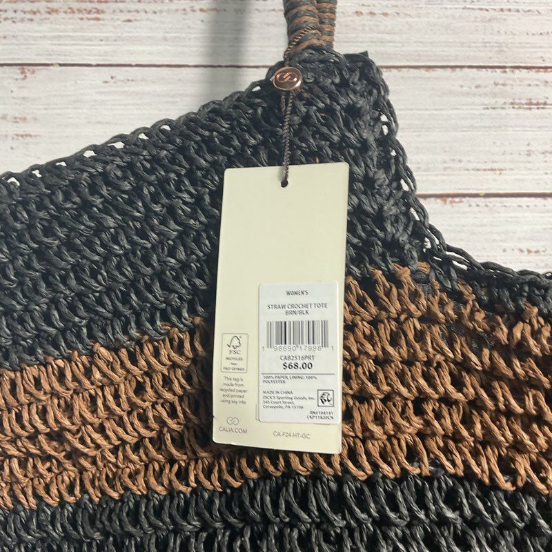 NWT Calia Straw Crochet Black & Brown Striped Large Tote