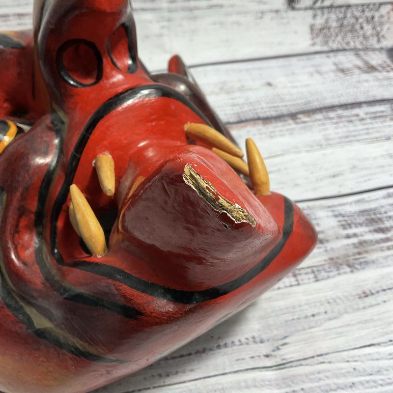 Vintage Wooden Hand Carved And Painted Red Diablo Mask Art W/ Real Animal Horns