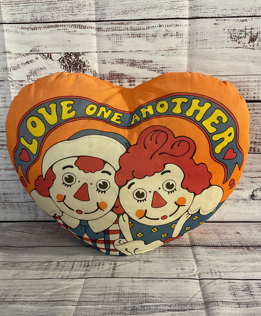 Vintage Raggedy Ann & Andy Love One Another Heart Pillow Multicolor