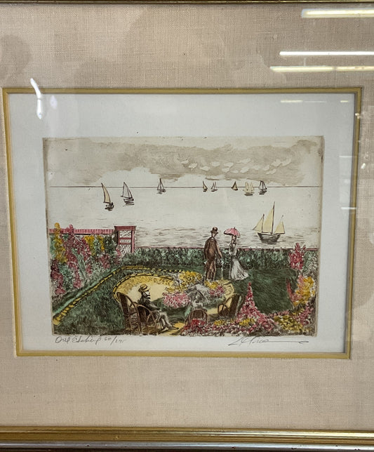 Garden Overlooking the Sea Etching by Marianne L. Almasy Signed Framed
