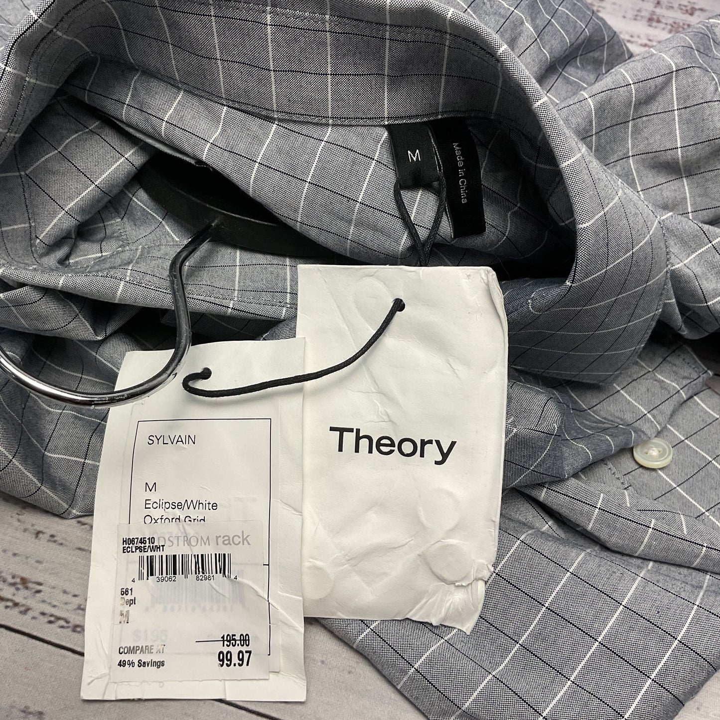 Theory Sylvain Oxford Trim Fit Grid Sport Button Up Long Sleeve Shirt Size M New