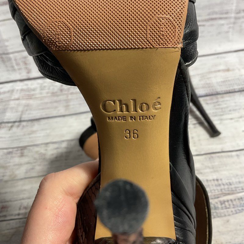 Chloe Lauren Black Leather/Snakeskin Ankle Wrap Stiletto Heel Women's Size 6