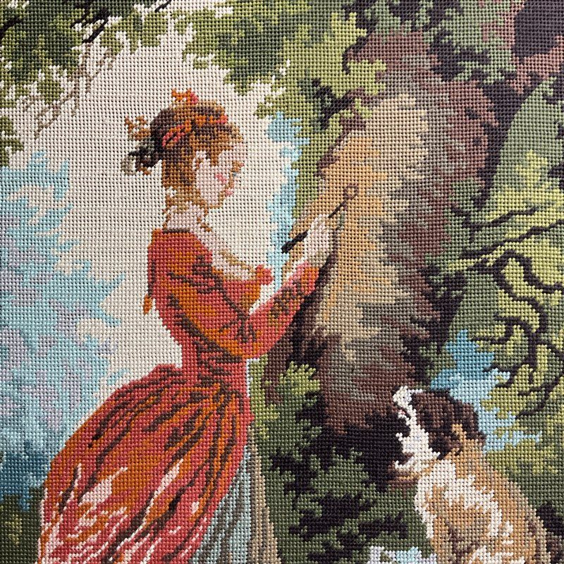VTG 1979 Woman Carving Her Initials Needlepoint Reproduction Textile Art Framed