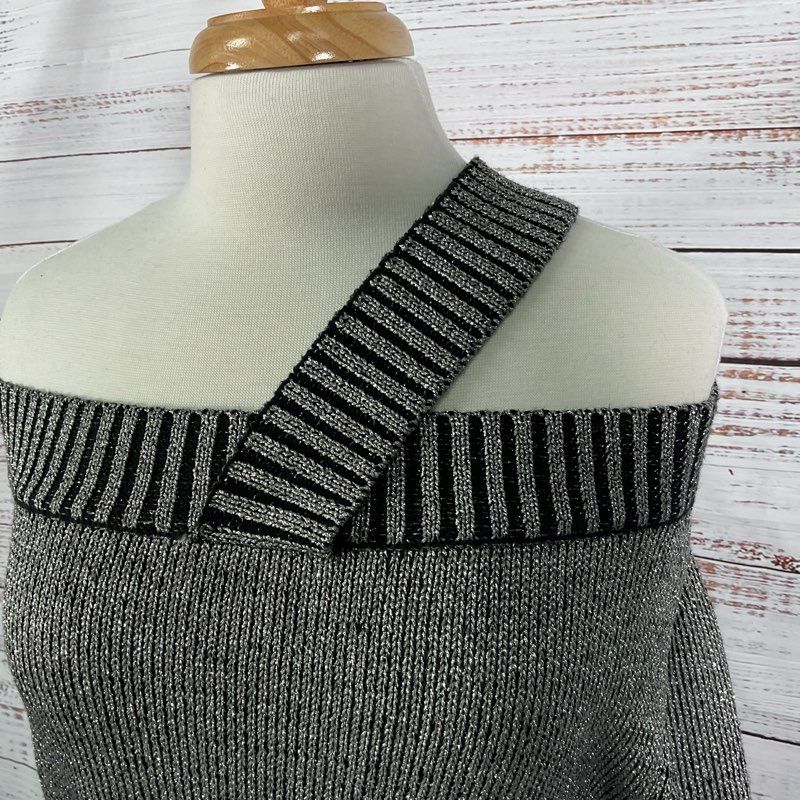 RtA Metallic Silver & Black Off Shoulder Knit Sweater - Size S