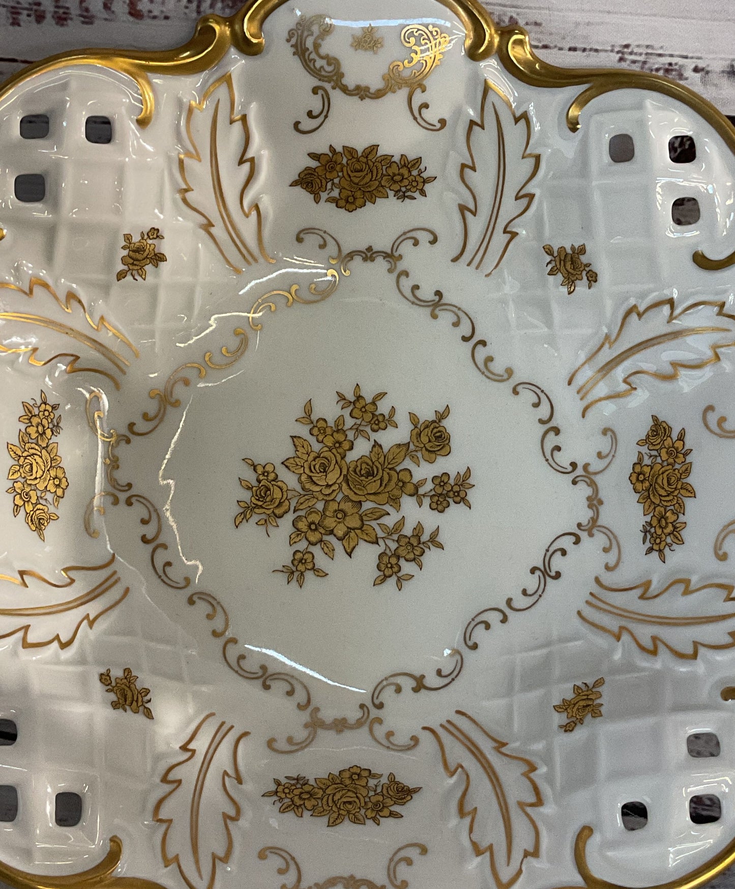 Reichenbach Pierced Lattice Gold Flowers Porcelain Footed Centerpiece Bowl White
