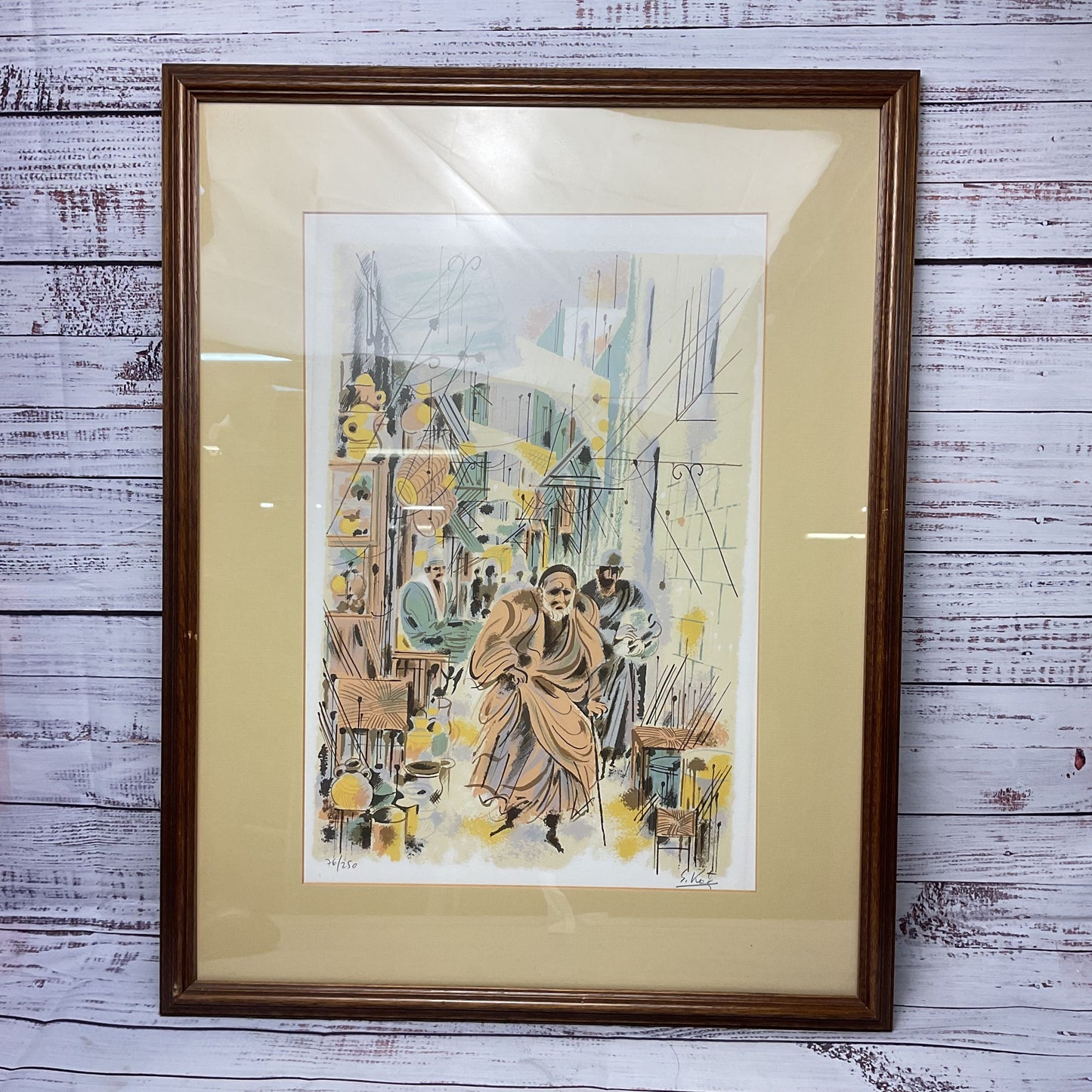 Old Man Walking Through Market Print Lithograph by Schmuel Katz Signed 76/250