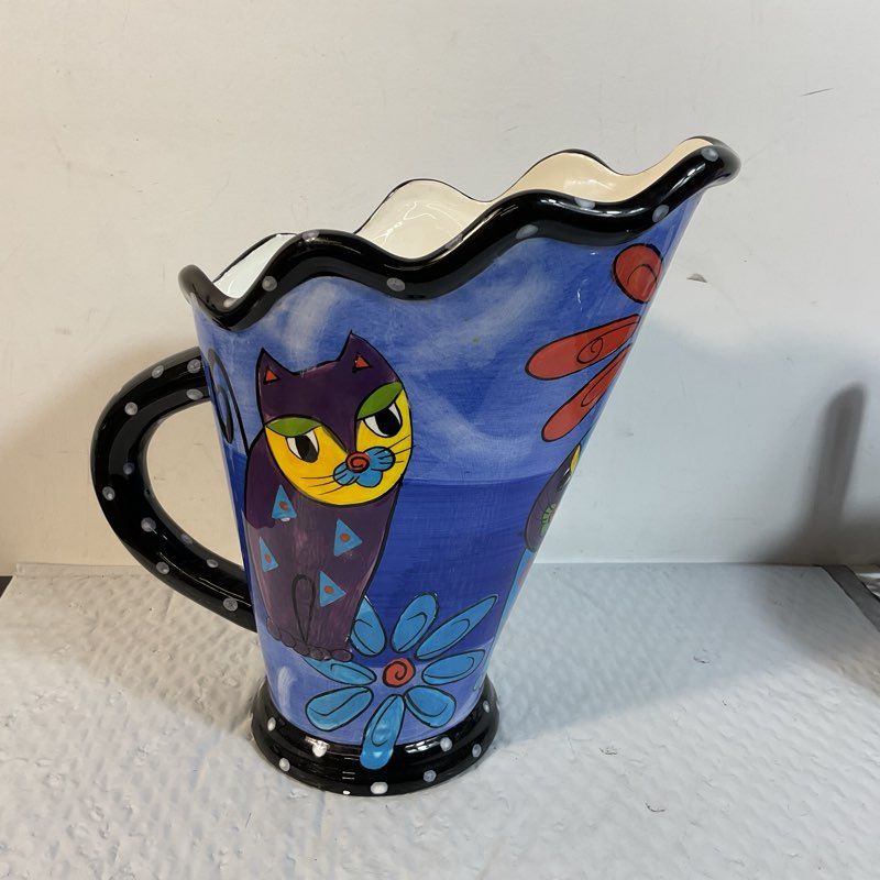 MILSON & LOUIS Hand Painted Cat Design Pitcher- 10.75"