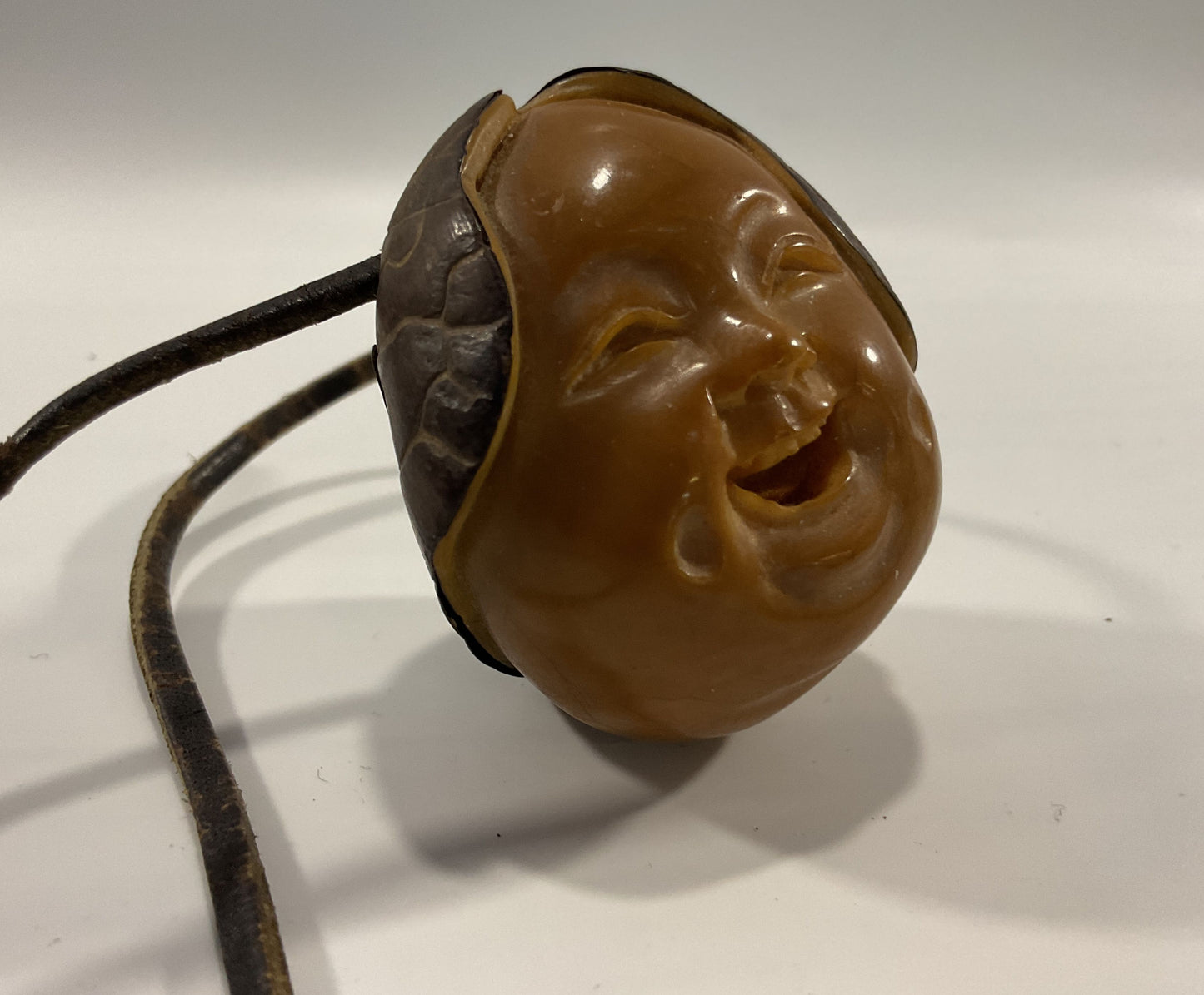 Vintage Artist Signed Hand Carved Japanese Tagua Nut Face Pendant Necklace