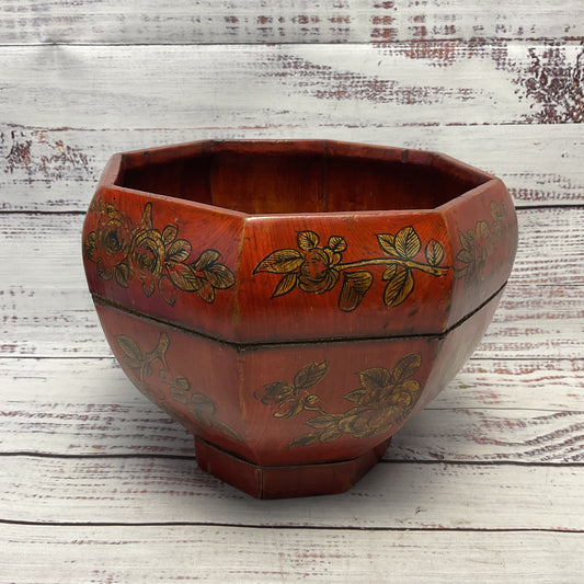 Red Lacquered Hand Crafted Octagonal Wooden Bucket 8.5"x 6"