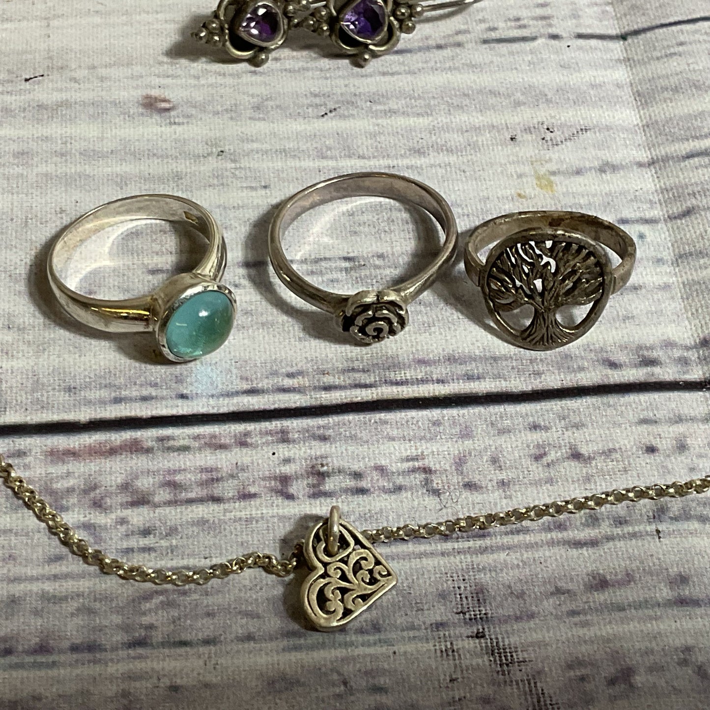 Lot of Sterling Silver 3 Rings, Earrings, Necklace- 14.62g