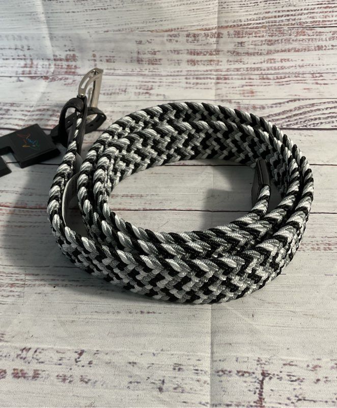 NEW Greg Norman Knit Braided Black & White Genuine Leather Tab Belt Size 42