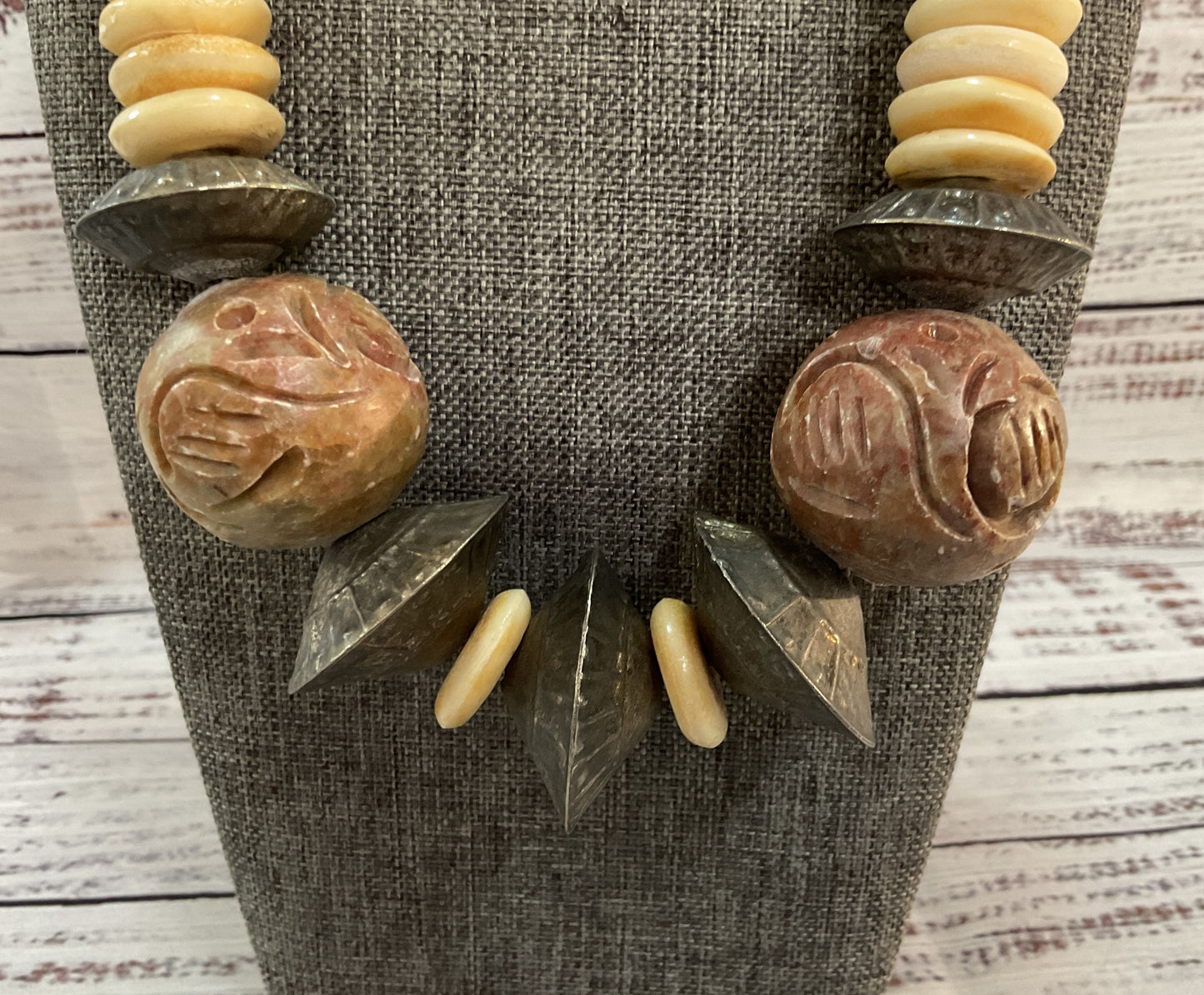 Vintage Tribal Hand Carved Soapstone Silver Plated Disc Necklace