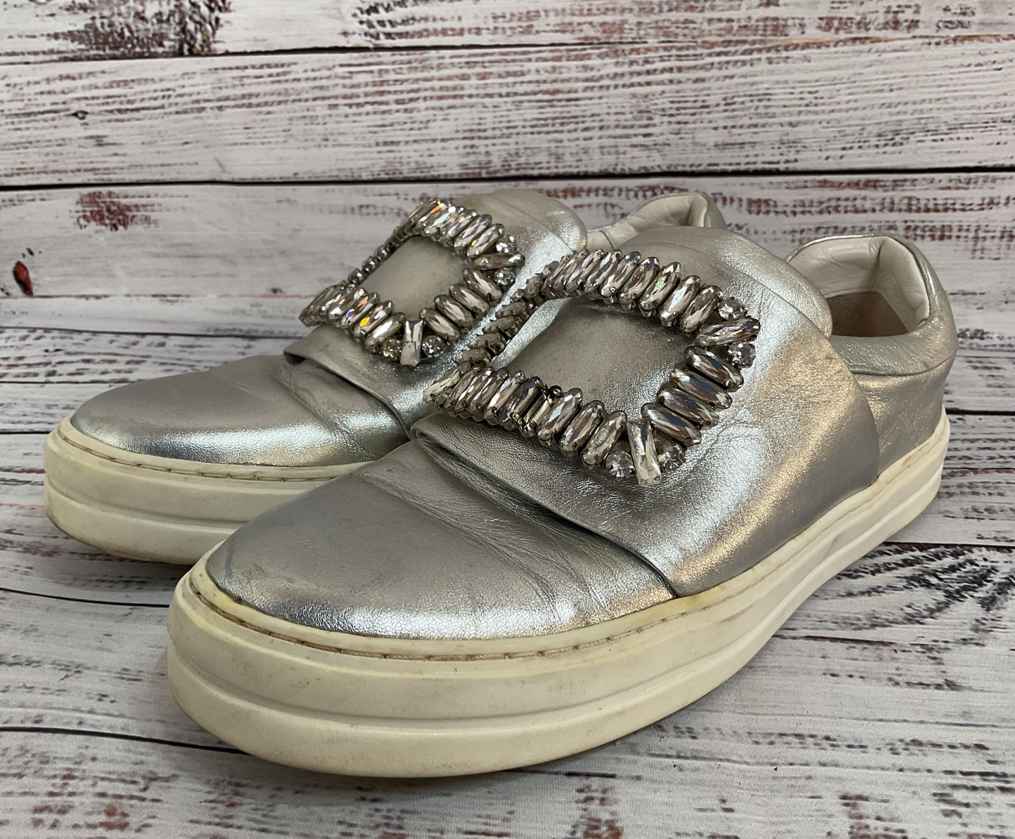 Roger Vivier Women's Silver Leather Crystal Embellished Slip-On Made in Italy