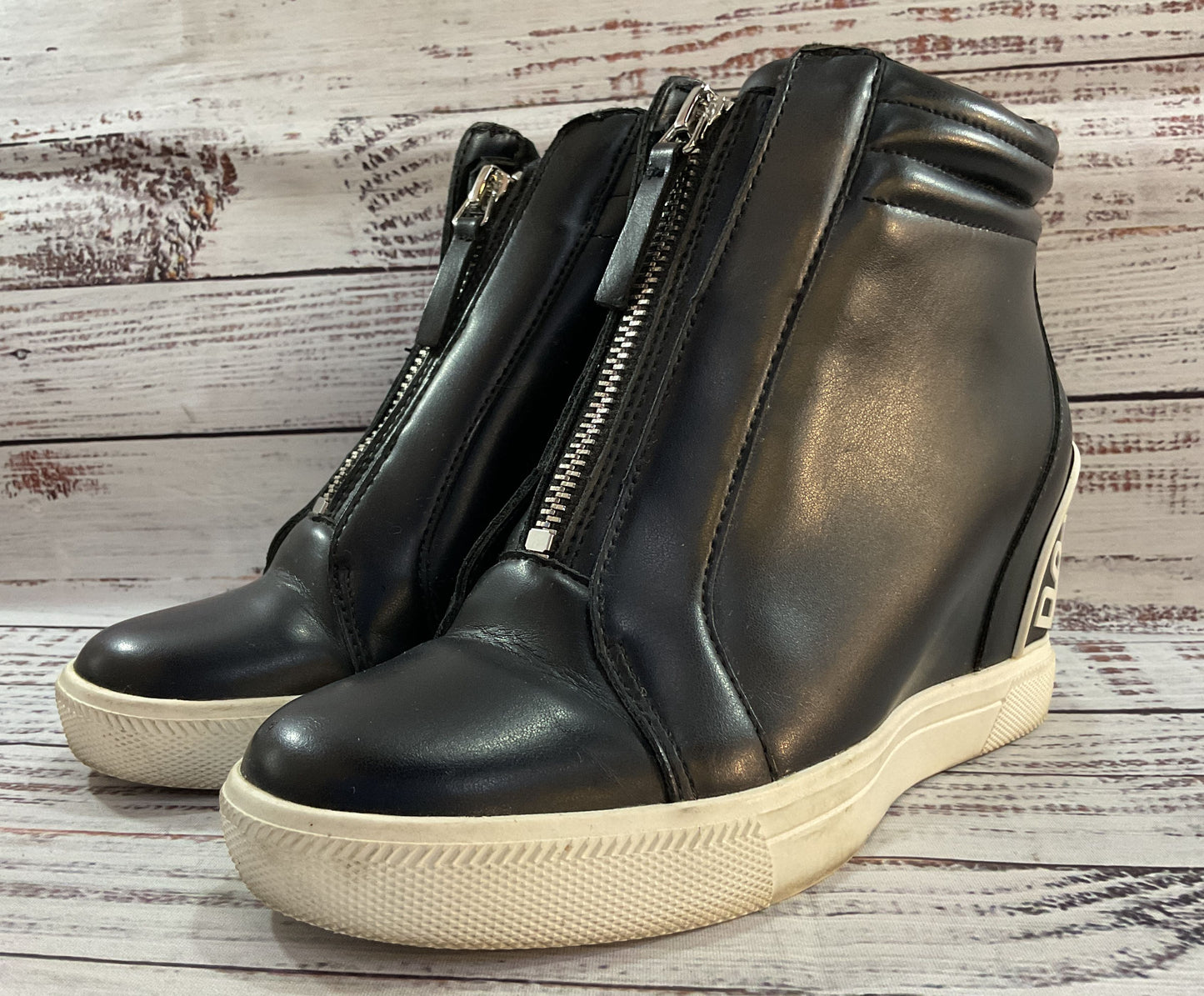 Donna Karan Women's Black Faux Leather Wedge Sneakers Size 6