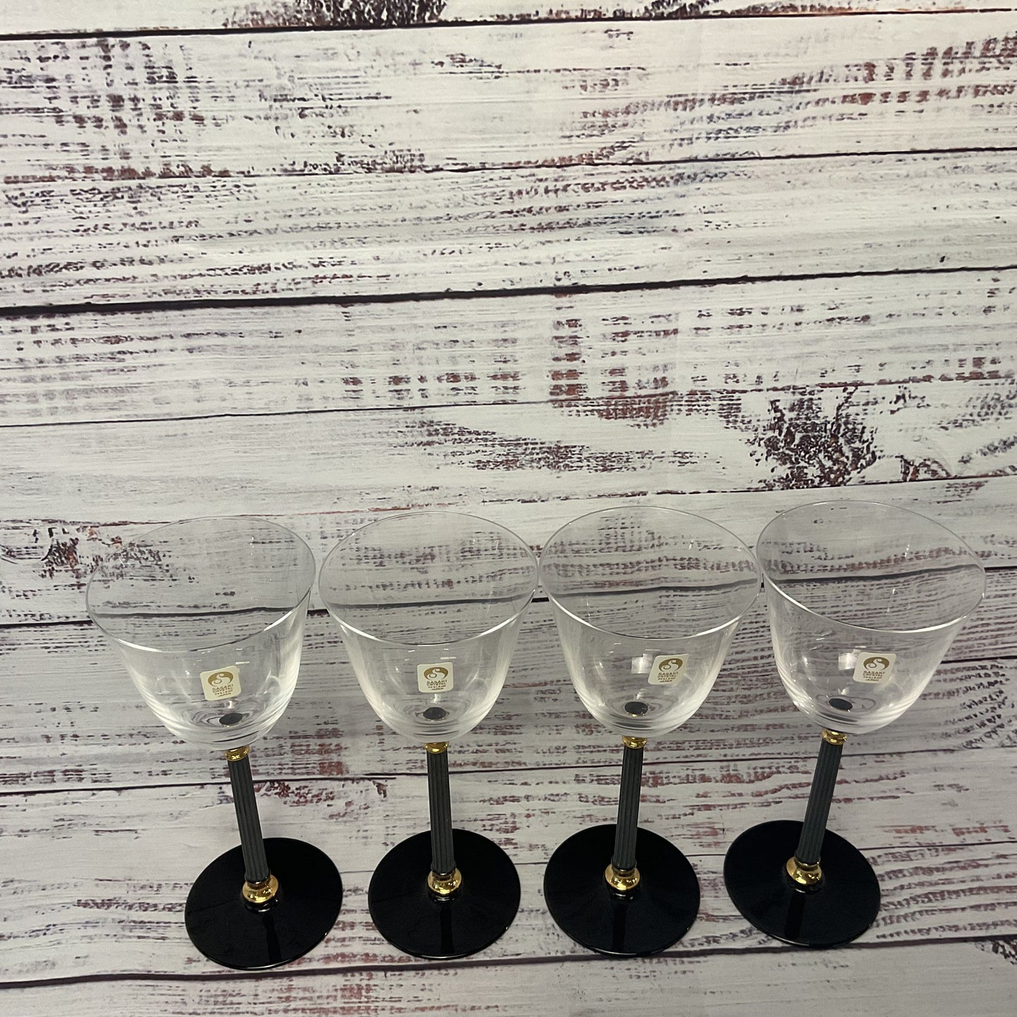 Sasaki Water/Wine Glasses Black Stem Base Gold Accents Set Of 4 2/3