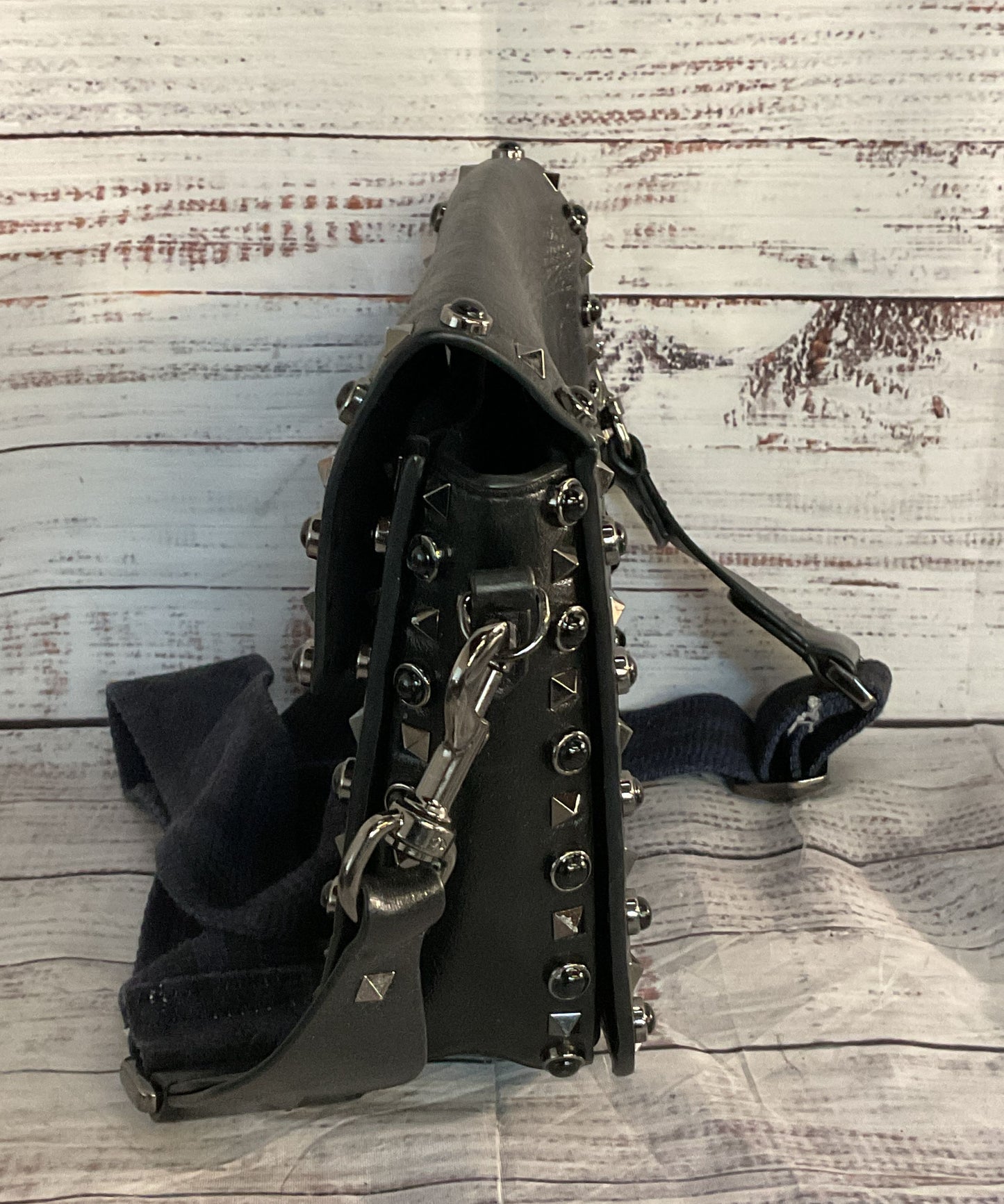 Valentino Leather Rolling Rockstud Guitar Strap Shoulder Crossbody Bag Black