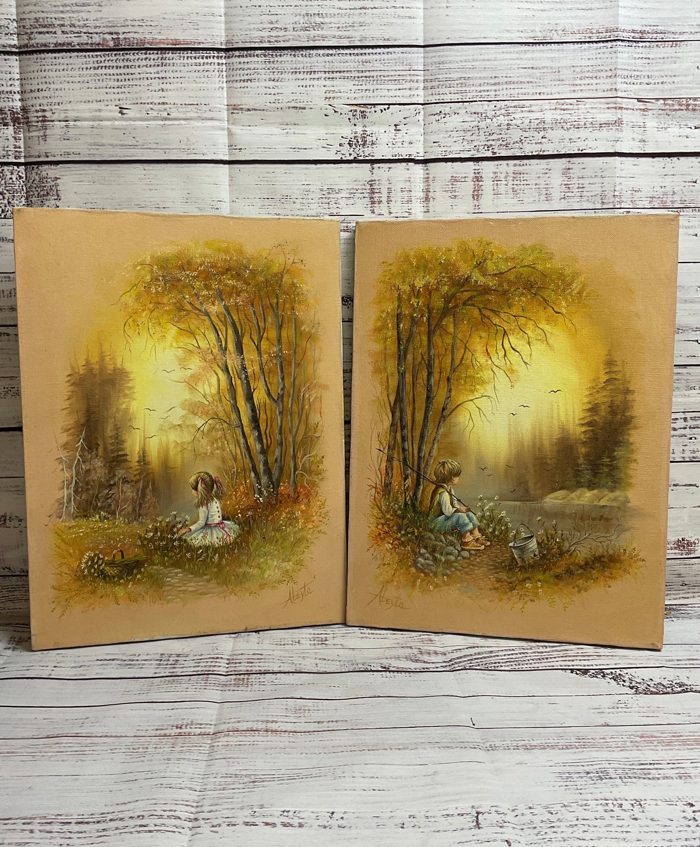 Set of Two Vintage Painting Boy and Girl by the Creek by Gloria Abeyta Signed.