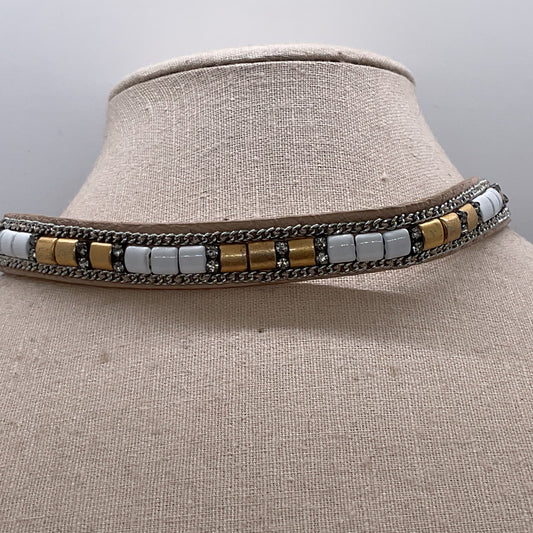 STELLA & DOT Leather & Rhinestone Choker Necklace- 14"