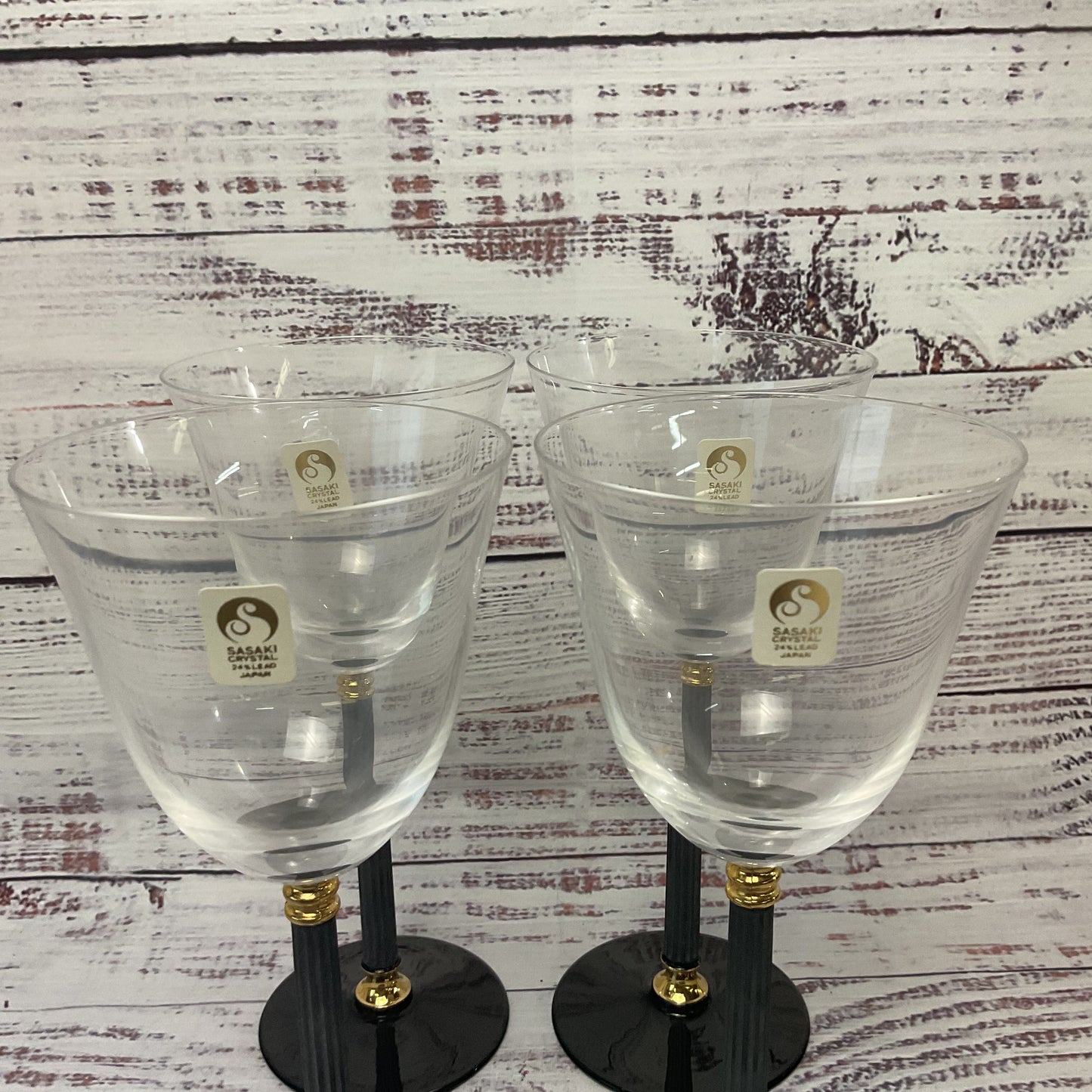 Sasaki Water/wine Glasses Black Stem Base Gold Accents Set Of 4 3/3