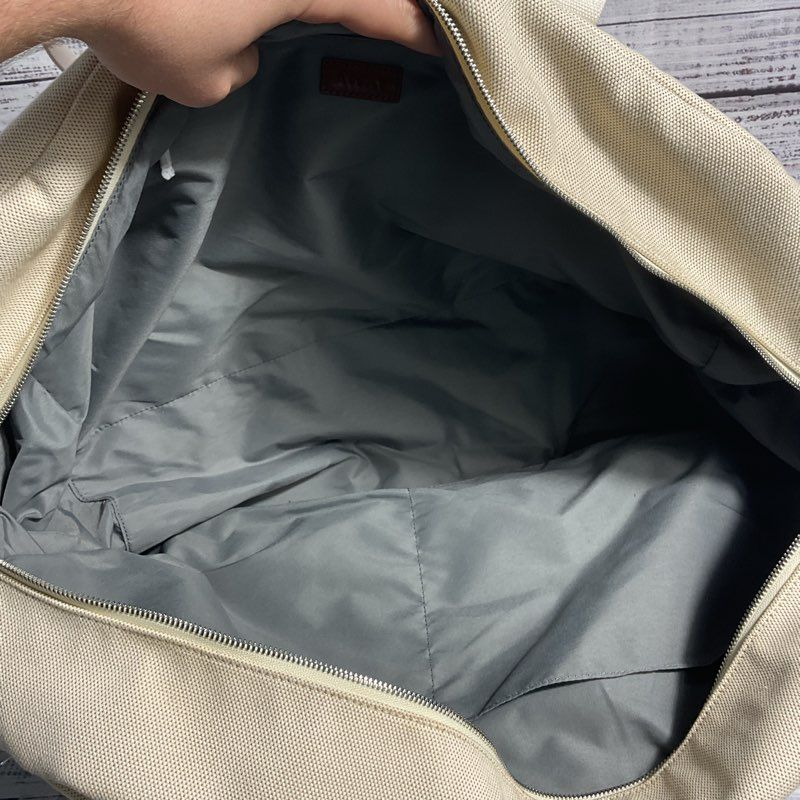 AWAY Off White Canvas Brown Leather Trim Weekender Duffel Bag Carry On