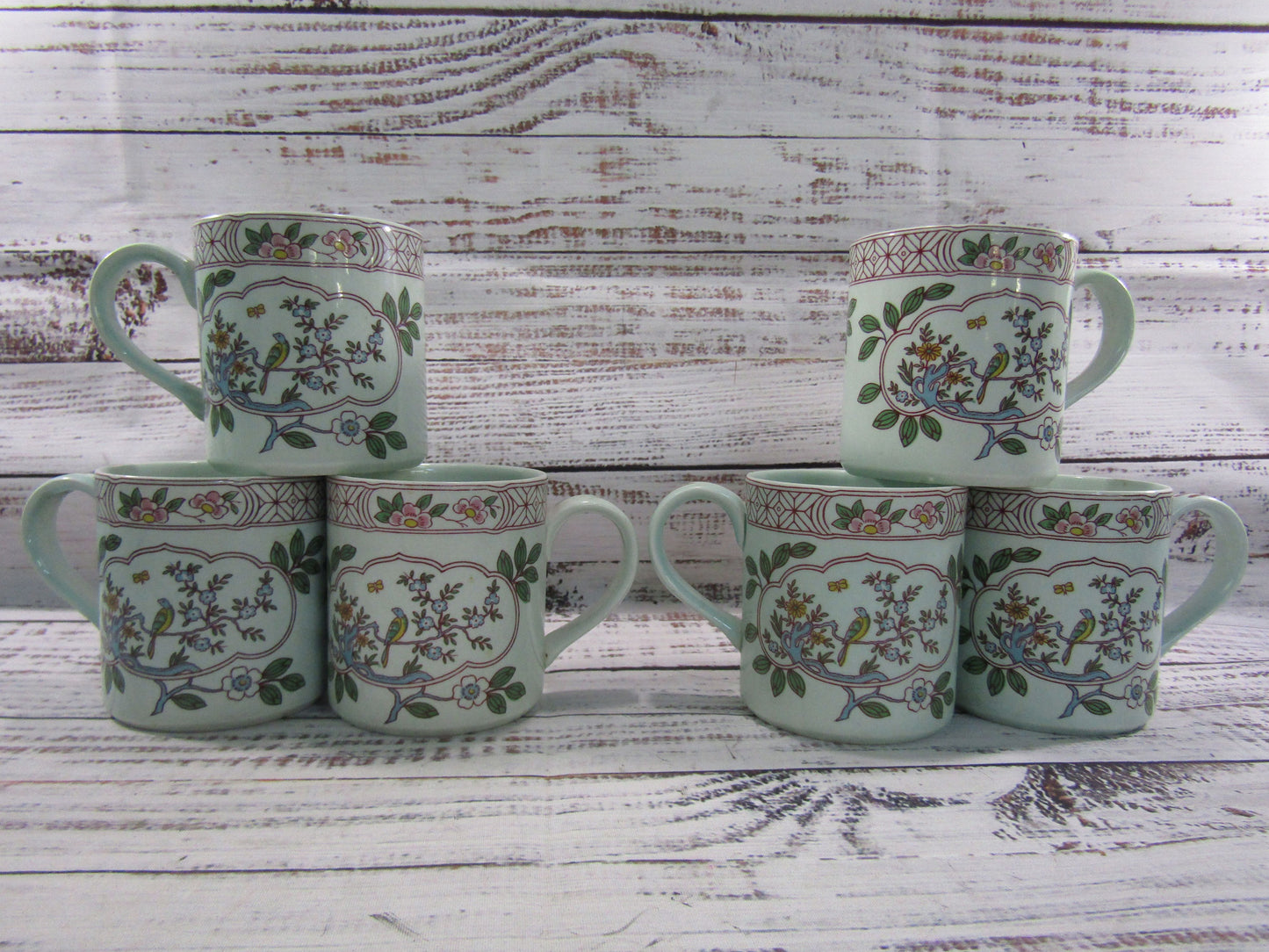 Adams Singapore Bird Floral Bird Motif Ironstone Mugs Made in England Set of 6