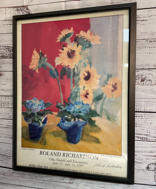 Roland Richardson Exhibition Sunflowers & Hydrangeas Poster Framed