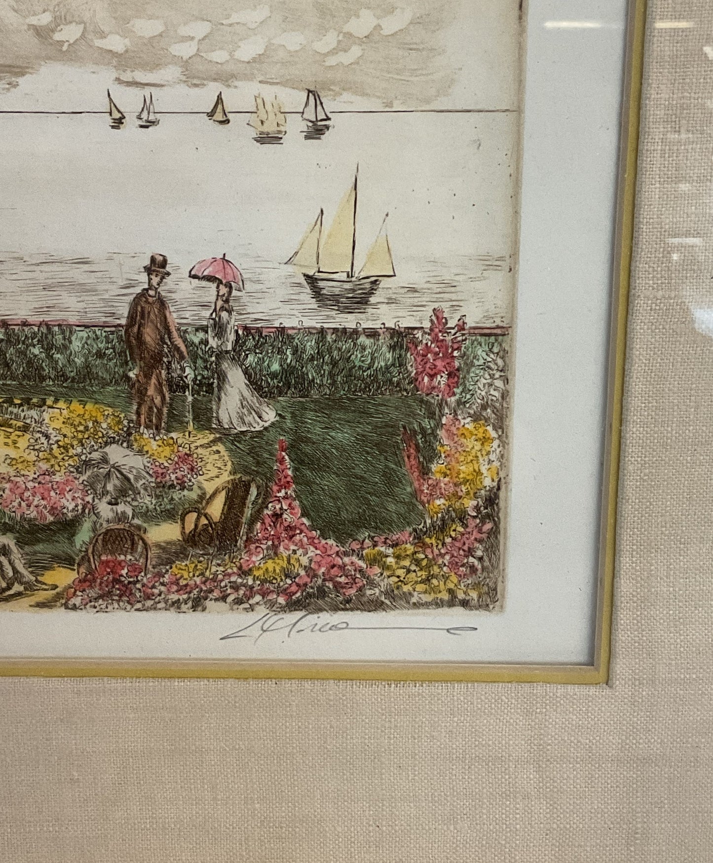 Garden Overlooking the Sea Etching by Marianne L. Almasy Signed Framed