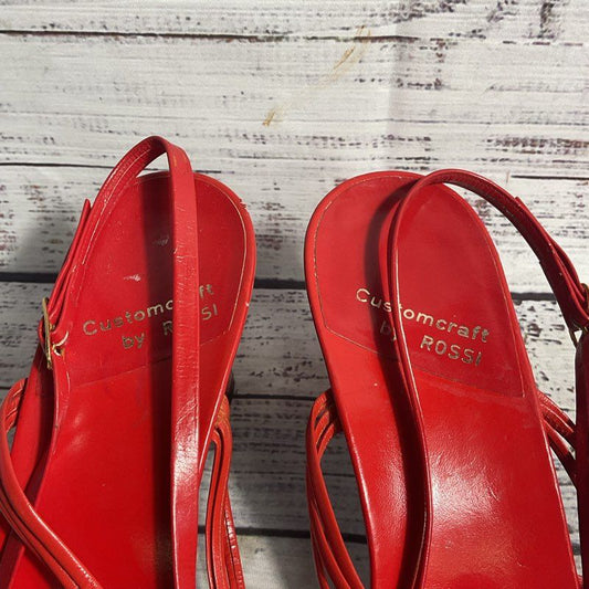 VTG. Customcraft by Rossi Red Leather Strappy Pump Heel Sandals Women 8.5
