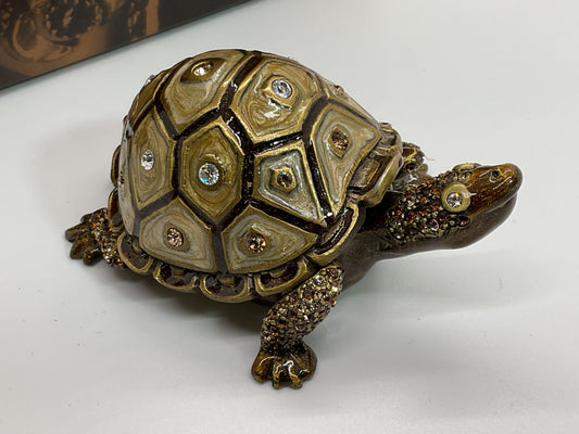 JAY STRONGWATER Brown Golden Brown Amber & Clear Crystals Turtle Trinket Box 3”