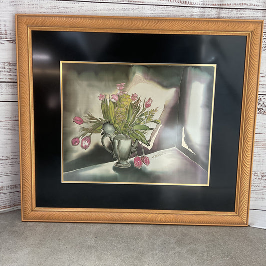 Flowers Inside Teapot Metallic Silver Outline Print Signed by Falusi