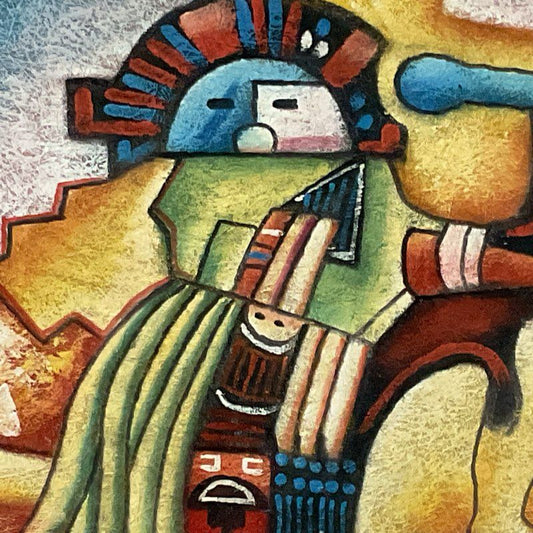 Signed BILL LONG Netherlands Aztec Colorful Painting- FRAMED 31" X 27"