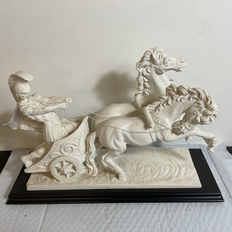 VTG. Signed A. SANTINI Roman Chariot Gladiator Horses Sculpture- 16.5" x 11.5"