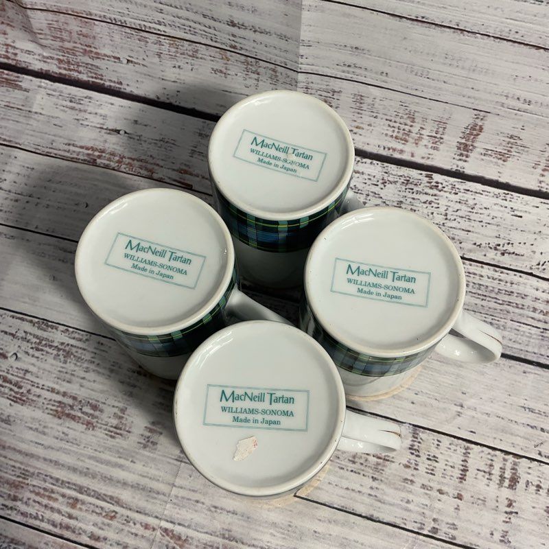Set Of 4 Williams Sonoma Macneill Tartan Blue/Green Plaid 4" Tea Coffee Mugs