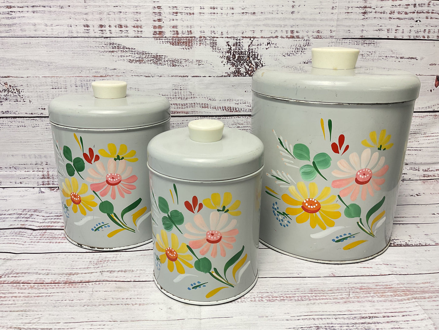Vintage Ransburg USA Genuine Hand Painted Nesting Canister Set of 3 7",5",4"