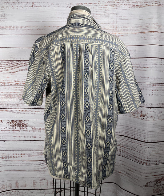 Frye Striped Ikat Button Down Short Sleeve Shirt Blue Multicolor XL