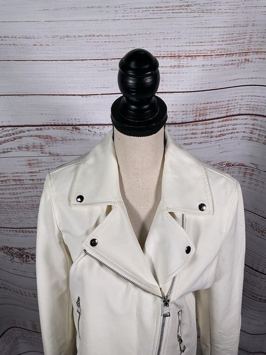 Club Monaco Women’s Asymmetrical Zippers Crepe Moto Jacket Winter White Size L