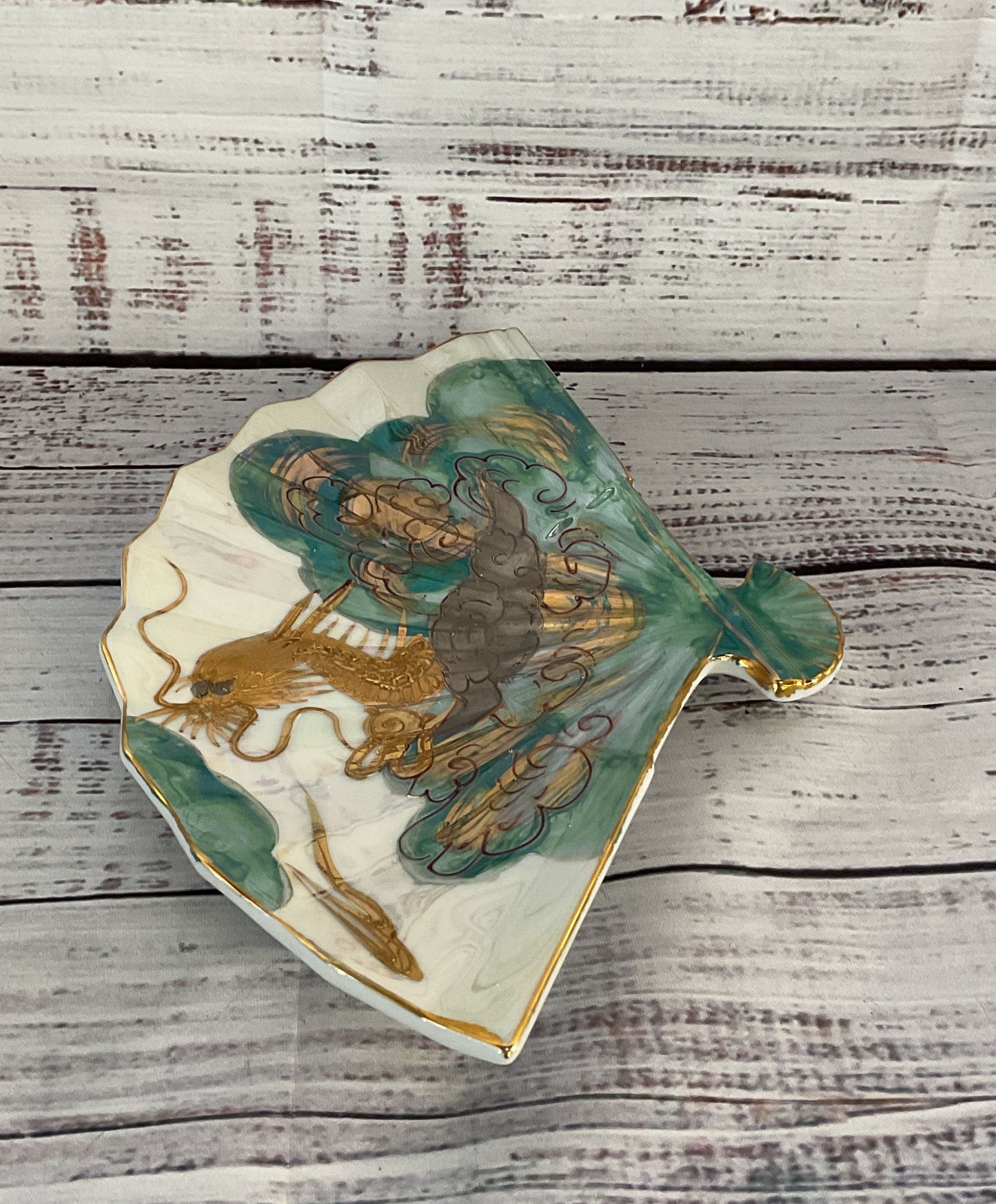 Aito Hand Painted 18K Gold Dragon Trinket Fan Dish Multicolor