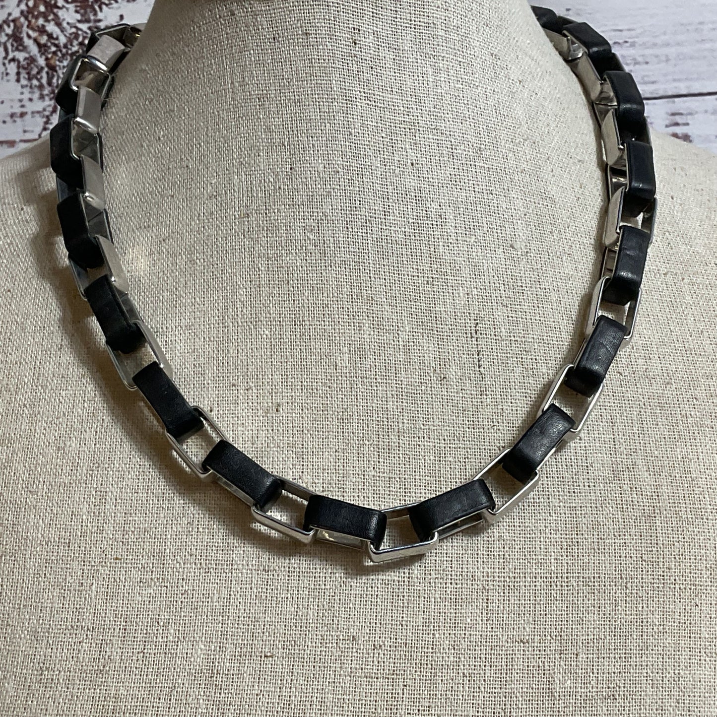 DIANE VON FURSTENBERG Silver Tone & Black Leather Wrapped Link Necklace- 20.5"