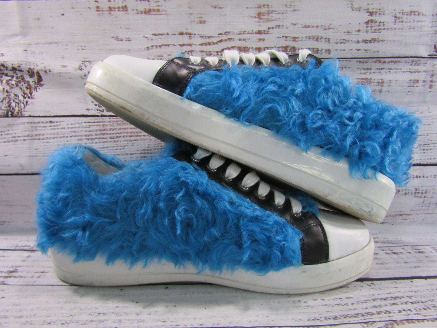 Prada Frankenstein Women's Faux Fur Leather Low Top Sneakers Made in Italy