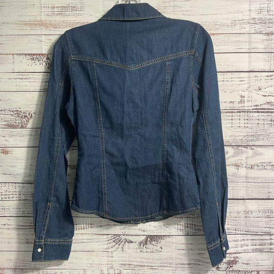NWT MNG Jordan Dark Wash Denim Contrast Stitch Western Button Up Blouse Size XS